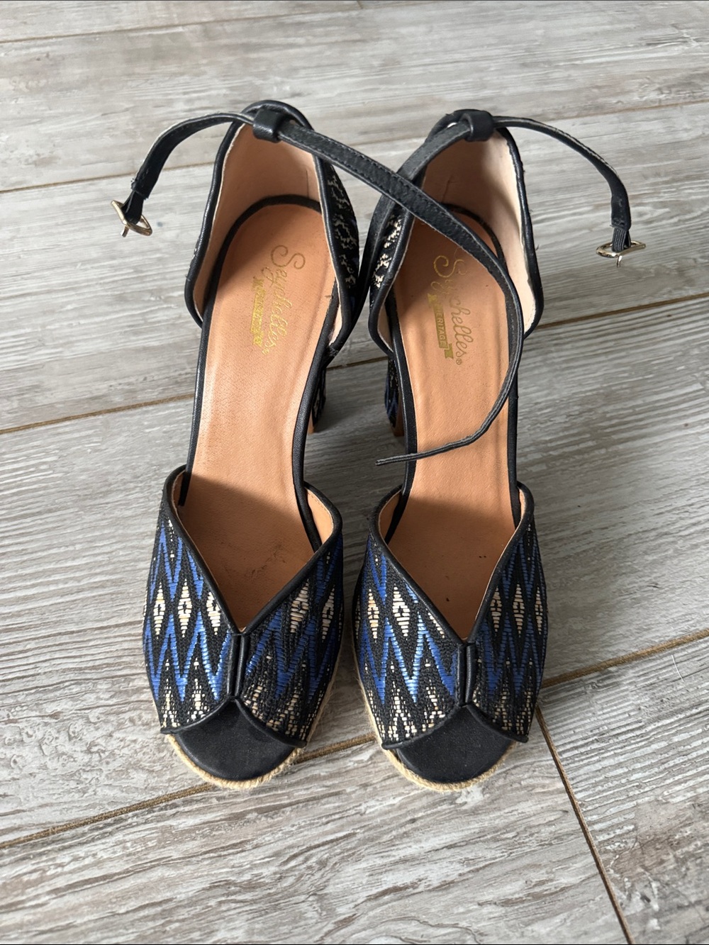 Seychelles Blue and Black Woven Ankle-Strap Healed Sandals